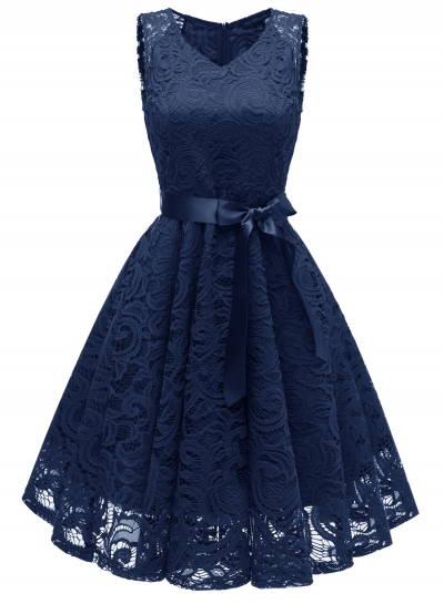 Elegant Lace Waist Tie Sleeveless V Neck Swing Midi Dress With Zip