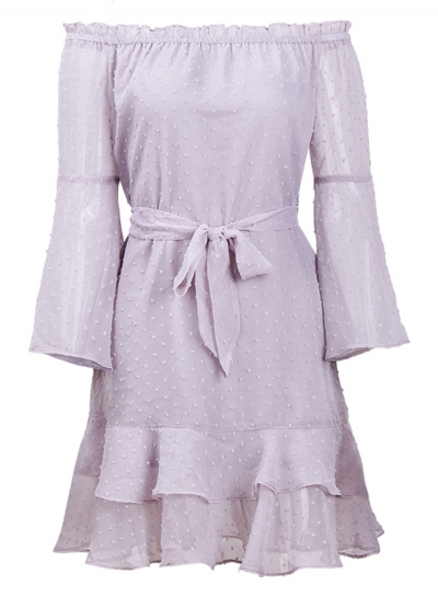 Summer Sexy Jacquard Off The Shoulder Long Sleeve Bow Tie Ruffle Dress zecalaba.com