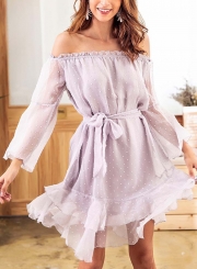 Summer Sexy Jacquard Off The Shoulder Long Sleeve Bow Tie Ruffle Dress