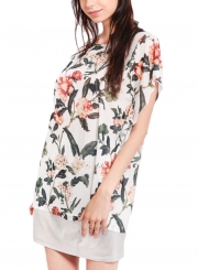 Casual Floral Print Round Neck Dolman Sleeve Loose Pullover Long Tee