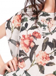 Casual Floral Print Round Neck Dolman Sleeve Loose Pullover Long Tee