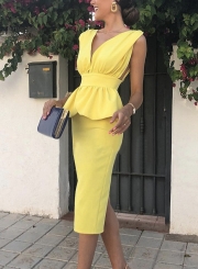 Sexy Sleeveless V Neck High Waist Solid Bodycon Cocktail Dress