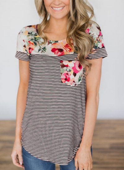 Summer Casual Loose Floral Printed Striped Round NeckTee With Pockets zecalaba.com