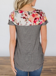 Summer Casual Loose Floral Printed Striped Round NeckTee With Pockets