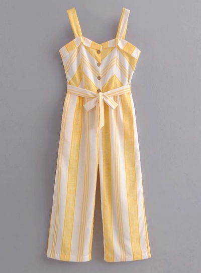 Casual Striped Sleeveless Button Down Waist Tie Wide Leg Jumpsuit YOYOTSHOP.com