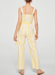 Casual Striped Sleeveless Button Down Waist Tie Wide Leg Jumpsuit