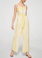 Casual Striped Sleeveless Button Down Waist Tie Wide Leg Jumpsuit