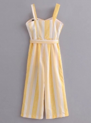 Casual Striped Sleeveless Button Down Waist Tie Wide Leg Jumpsuit