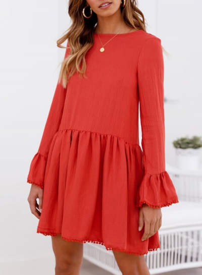 Fashion Solid Flare Sleeve Round Neck Back Tie Ruffle Hem Loose Dress zecalaba.com