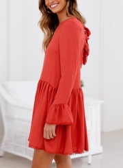 Fashion Solid Flare Sleeve Round Neck Back Tie Ruffle Hem Loose Dress