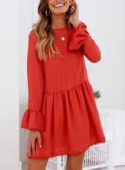 Fashion Solid Flare Sleeve Round Neck Back Tie Ruffle Hem Loose Dress