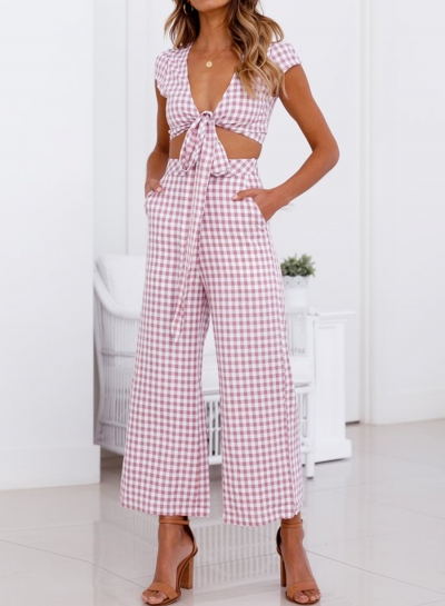 Sexy 2 Piece V Neck Short Sleeve Bow Crop Top Wide Leg Pants zecalaba.com