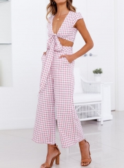 Sexy 2 Piece V Neck Short Sleeve Bow Crop Top Wide Leg Pants