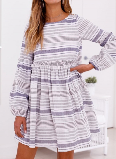 Casual Striped Round Neck Lantern Sleeve Backless Loose Dress zecalaba.com