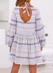 Casual Striped Round Neck Lantern Sleeve Backless Loose Dress