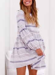 Casual Striped Round Neck Lantern Sleeve Backless Loose Dress