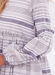 Casual Striped Round Neck Lantern Sleeve Backless Loose Dress