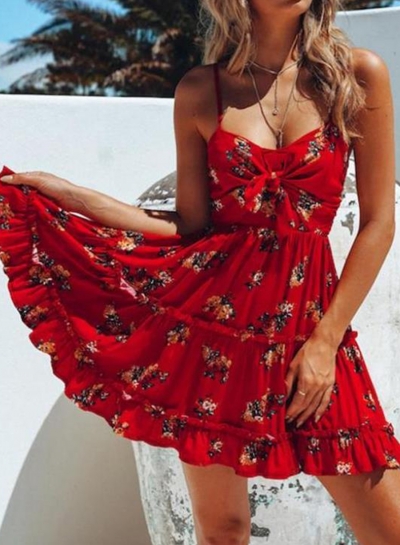 Sexy Floral Print Spaghetti Strap Front Knot Ruffle A-line Dress zecalaba.com