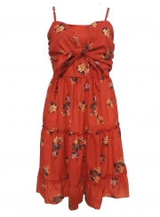 Sexy Floral Print Spaghetti Strap Front Knot Ruffle A-line Dress