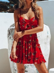 Sexy Floral Print Spaghetti Strap Front Knot Ruffle A-line Dress