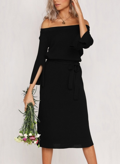 Fashion Off The Shoulder Half Sleeve Waist Bow Tie Slit Dress zecalaba.com