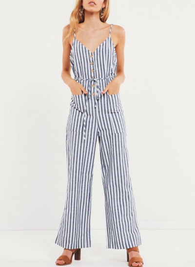 Casual Striped Spaghetti Strap Backless Button Down Wide Leg Jumpsuit zecalaba.com