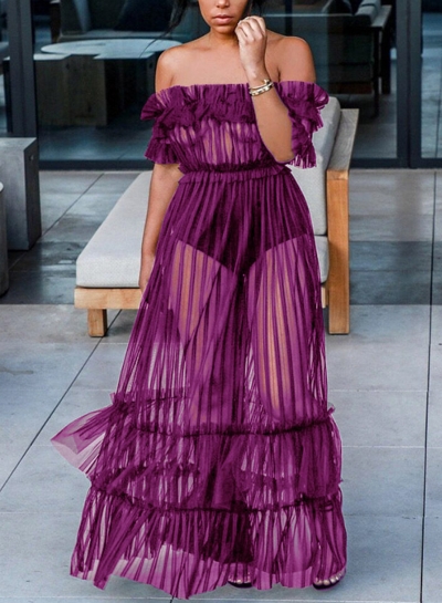 Purple Sexy Transparent Mesh Slash Neck Off The Shoulder High Waist Swing Dress zecalaba.com