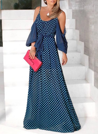 Summer Spaghetti Strap Off Shoulder Polka Dots Swing Maxi Dress zecalaba.com