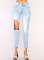 Casual High Waist High Elasticity Destroyed Pencil Jeans With Pocket