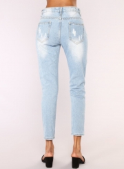 Casual High Waist High Elasticity Destroyed Pencil Jeans With Pocket