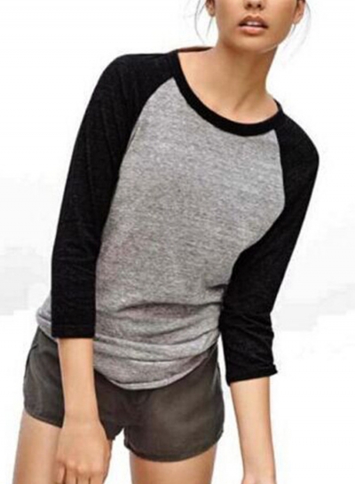 Casual Spliced Long Sleeve Round Neck Pullover Loose Tee zecalaba.com