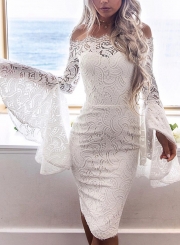 Sexy Off Shoulder Flare Sleeve Elastic Waist Lace Bodycon Cocktail Dress