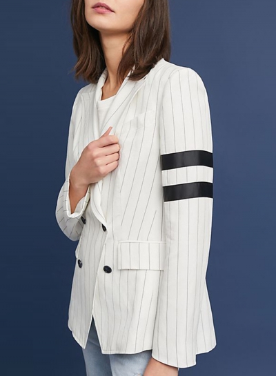 White Casual Striped Long Sleeve Turn-Down Collar Button Down Loose Suit zecalaba.com