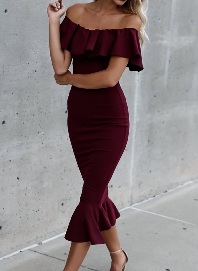 Off The Shoulder Ruffle Neckline Solid Color Fiashtail Bodycon Dress zecalaba.com