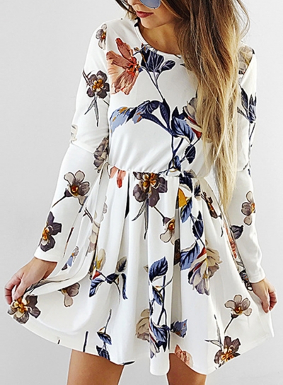 Casual Floral Print Long Sleeve Elastic Waist Pleated Dress