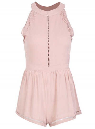 Casual Sleeveless Round Neck Hollow Out Wide Leg Romper With Zip zecalaba.com