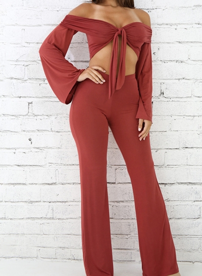 Sexy Solid 2 Piece Off Shoulder Front Bow Crop Top Wide Leg Pants zecalaba.com