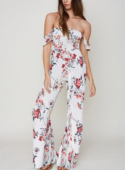 Sexy Floral Off The Shoulder High Waist Wide Leg Jumpsuit With Button zecalaba.com