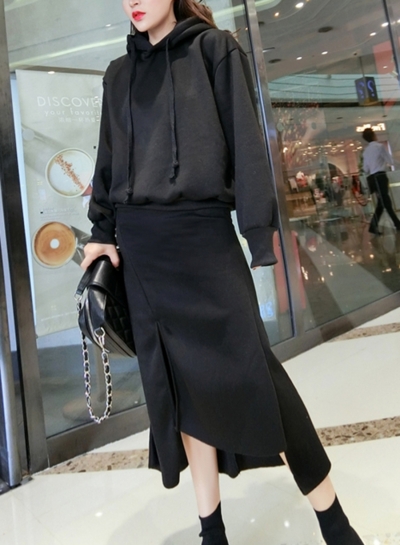 Casual Solid Thickening Long Sleeve Loose Hoodie Irregular Slit Skirt Set zecalaba.com