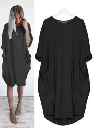 Solid Oversized Round Neck Long Sleeve Loose Pockets Dress zecalaba.com