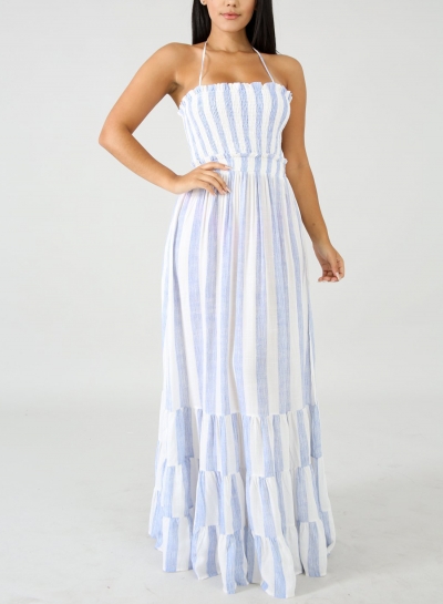 Striped Halter Neck High Waist Backless Swing Maxi Dress zecalaba.com