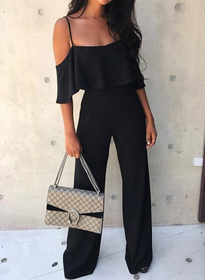 Spaghetti Strap Off Shoulder High Waist Wide Leg Jumpsuit zecalaba.com