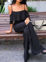 Spaghetti Strap Off Shoulder High Waist Wide Leg Jumpsuit