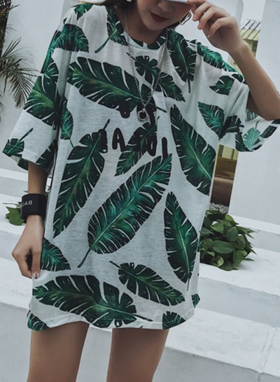 Summer Leaf Print Round Neck Half Sleeve Loose Pullover Tee zecalaba.com