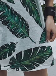 Summer Leaf Print Round Neck Half Sleeve Loose Pullover Tee