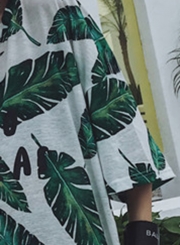 Summer Leaf Print Round Neck Half Sleeve Loose Pullover Tee