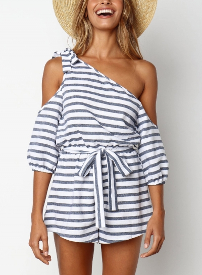 Striped One Shoulder Half Sleeve Wide Leg Romper With Belt zecalaba.com