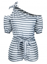 Striped One Shoulder Half Sleeve Wide Leg Romper With Belt