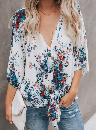 Chiffon Floral Print V Neck Half Bow Tie Loose Blouse zecalaba.com