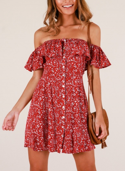 Summer Floral Off Shoulder Ruffle Sleeve Button Down Loose Mini Dress zecalaba.com